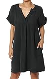 TheMogan Women's Casual Loose Short Sleeve V Neck Cotton Gauze Babydoll Shift Mini Dress Black S