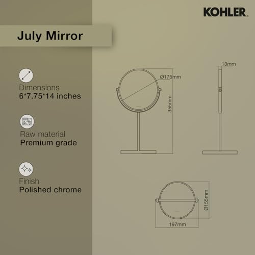Image of Kohler July Detailing Mirror with 3X Magnification | Freestanding Countertop Round Mirror | Double Sided Pedestal Mirror for Shaving, Makeup | 3 Years Warranty, 175 mm