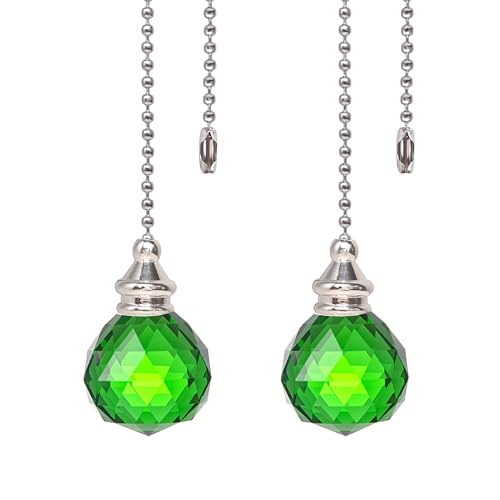 Image of Green 2 Pieces Crystal Ceiling Fan Pull Chain Dazzling Crystal Prism Ball 30mm Pull Chain Extension with Connector for Ceiling Light Fan