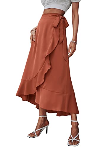 Sweatyrocks Women's High Waist Wrap Front Solid Midi Skirt Ruffle Hem Tie Side Skirts Rust Brown S #TOP2