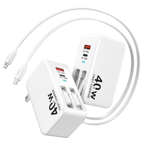 4-in-1 Retractable Wall Charger 40W Retractable iPhone Charger Wall Plug with Dual 3ft Lightning + Type C Charging Cables 4-Ports USB C Charger Foldable Block for iPhone 17 16 15 14 13 12 11 8 7