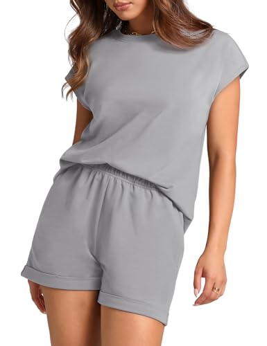 Image of WIHOLL 2 Piece Sets for Women Casual Summer Travel Vacation Outfits Cap Sleeve Shorts Lounge Set