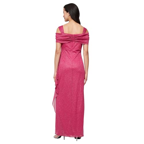 Image of Alex Evenings Women's Long Cold Shoulder Dress, Mother of The Bride, Formal Events, Raspberry Glitter, 16 Petite