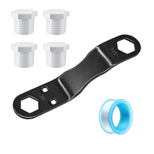 RV Water Heater Drain Plug Kit with Angled Wrench – Fits 7/8" & 15/16" Drain Plugs for RV & Camper Water Heater Maintenance & Emergency Repairs– Includes 4 Pack 1/2" NPT Replacement Plugs & PTFE Tape
