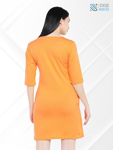 Image of STATUS MANTRA Women's Long T-Shirt Dress - Cotton Casual Knee Length Dress with 3 /4 Sleeves | Soft Bio-Washed Fabric, Crew Neck, Relaxed Fit | Comfy Summer Lounge Wear