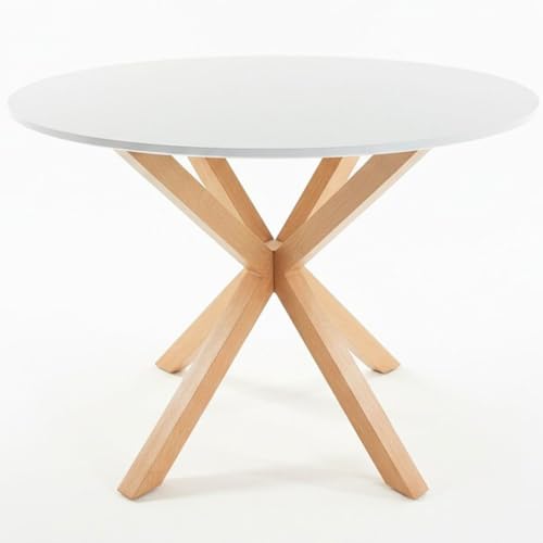 Noorsk Design Mesa Redonda Comedor 100 cm - Mesa Comedor Redonda con Patas Metálicas, Acabado Efecto Madera, sobre de Madera de DM Lacado en Blanco, 75 cm Altura, Mesa Redonda Moderna