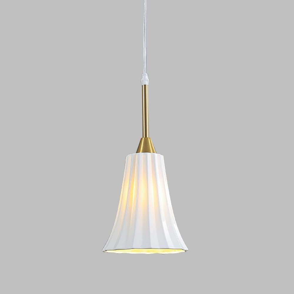 KXEcoLife Mid Century Milk White Flowers Glass Pendant Light Modern Minimalist Bedside Ceramic Hanging Lamp Nordic Creative Stripe Dining Room Chandelier(B)