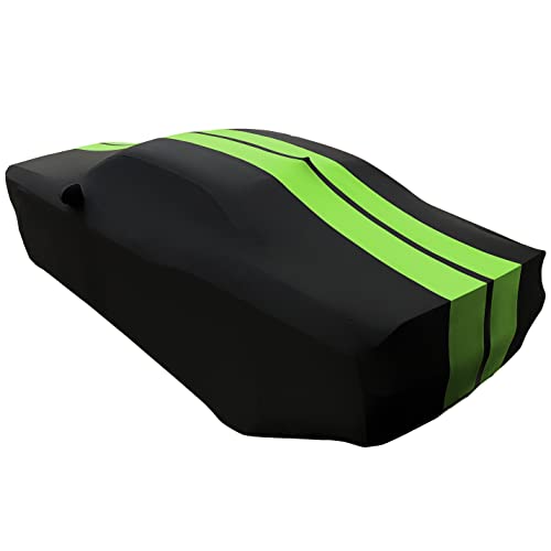 Image of SR1 Performance USA Indoor Car Cover for Dodge Challenger 2008-2023 - Ultraguard Stretch Satin Custom Fit, Dust Cover, Breathable Scratch-Resistant Sport Series Stripe (Black /Green)