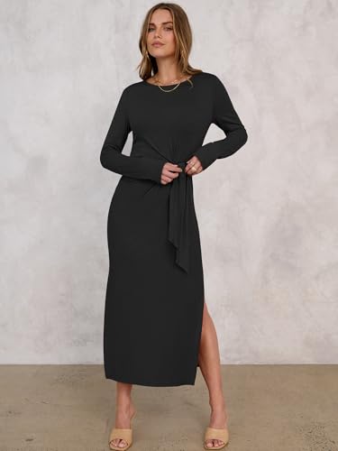 ANRABESS Womens 2025 Fall Long Sleeve Maxi Dress Crewneck Tie Waist Slit Casual Work Long T Shirt Dresses Trendy Outfits4