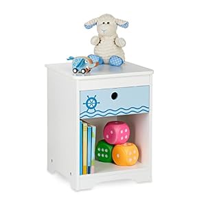 Relaxdays 子供用ベッドサイドテーブル セーラーデザイン 引き出し&収納コンパートメント 子供部屋チェスト 高さ41×奥行32×高さ31cm ホワイト/ブルー
