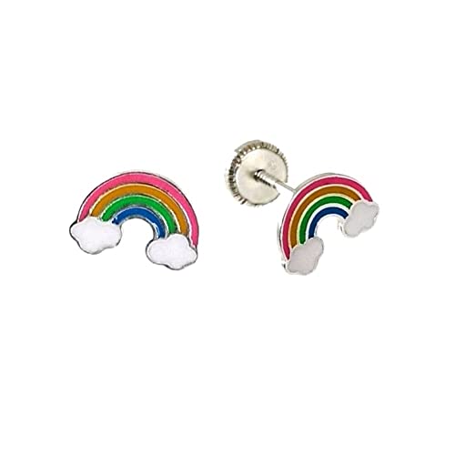 Pendientes plata ley 925 niña de arcoíris y nubes esmaltadas de 8mm con cierre de seguridad a tornillo