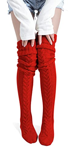 Pcavin Women's Thigh High Socks Over the Knee Cable Knit Boot Socks, Long Warm Fashion Leg Warmers Winter(Red(2024))