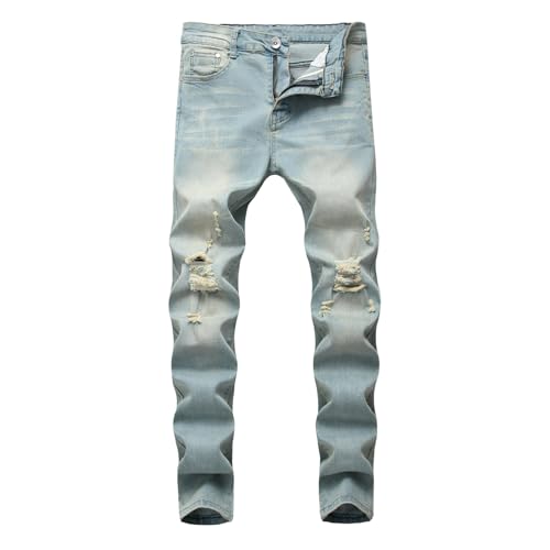 Jeans Pants Trousers Denim Stretch Slim Fit Street Trendy Ripped Worn Casual Pleated Straight Leg for Men
