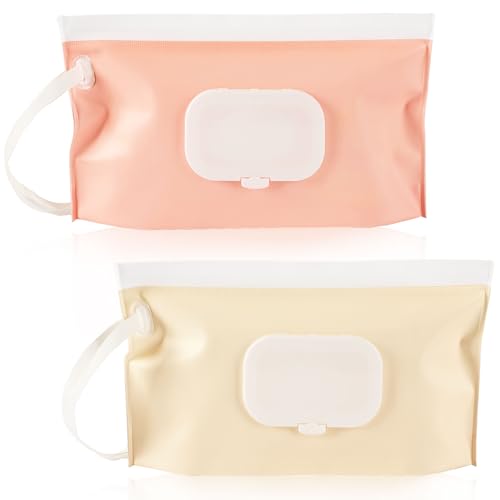 Image of FEBSNOW 2 Pack Baby Wipe Dispenser, Portable Refillable Wet Wipe Holder | Reusable Travel Wet Wipe Pouch, Zip Locking Seal and Secure Snap Close Lid, Easy Refill and Dispensing, With Wrist Loop