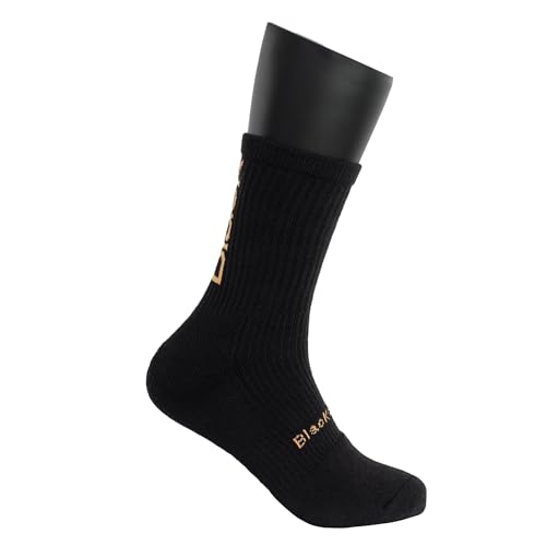 Black Crown - Calcetines Pro Altos - 70% Poliéster, 28% Algodón, 2% Elastano, Azul con letras Celeste. (FR/ES, Números, 39, 42, Regular, Alto, Negro/Oro)