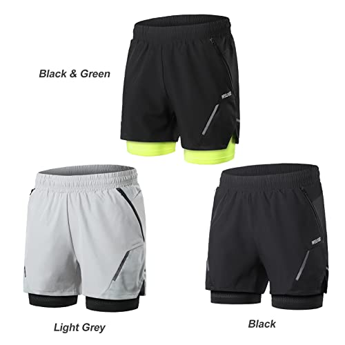 Qican Shorts de corrida masculino 2 em 1 com bolsos de zíper Shorts de exercícios de secagem rápida