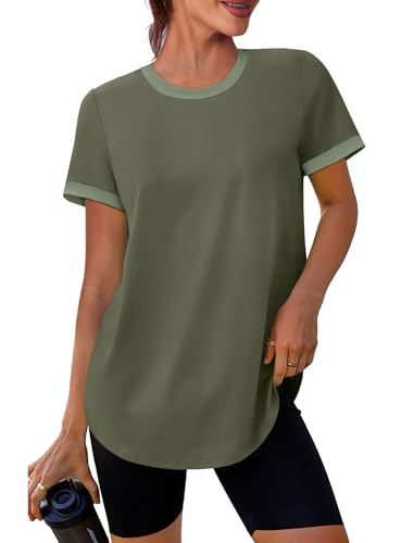 Image of Womens Workout Tops Summer Short Sleeve Shirts Athletic Color Block Gym Clothes Outfits Sun Protection UPF 50+ T Shirts