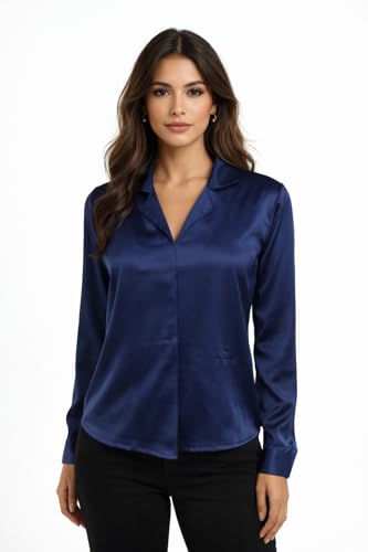 Image of Cuban Collar Cuffed Sleeves Formal Satin Shirt Style Top