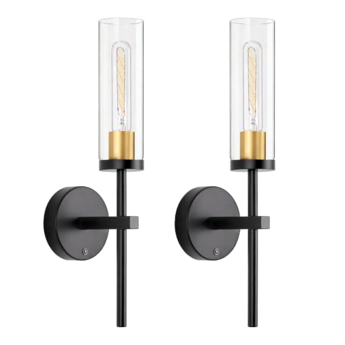 Image of Shenmoyl Set of 2 Wall Sconces, 5200 mAh Battery Operated Wall Sconce with 3 Colors & Remote Control, Black Gold Rechargeable Wall Lamp with Clear Glass Shade for Bedroom, Bathroom, Stairwell, Hallway