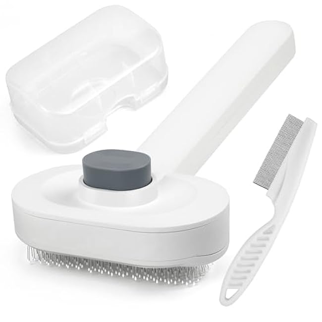 Soft Cat Brush for Indoor Cats Shedding with Protective Case, Flea Comb Included, Self-Cleaning Slicker Brush for Cats, Sensitive Cat Pet Hair Removal Tools Grooming Supplies-ARAnvCm0