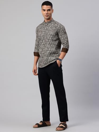 Image of Majestic Man Men's Pure Cotton Printed Mandarin Collar Regular Fit Roll-Up Sleeves Short Kurta