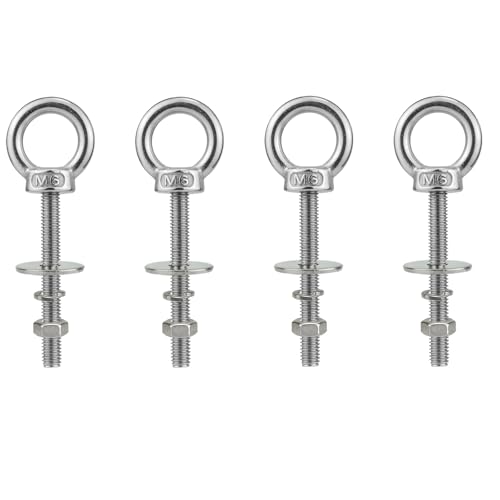 Image of M6 Stainless Steel Eye Bolt with Nuts 4 Pack, M6 x 50mm (1 /4 inch x 2 inch) Long Ring Shoulder Lifting Eye Bolt for Swing, Male Screw Threaded Eyebolt kit Tie Down Outdoor Indoor