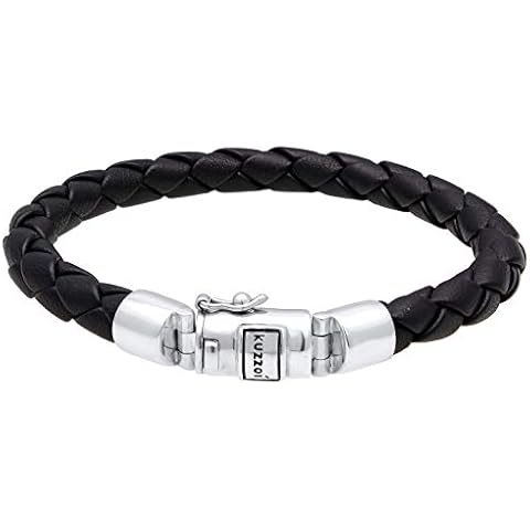 kuzzoi Men Bracelet Leather Braided Black Solide with Clasp Made of 925 Sterling Silver, Length 7,48 inch, Width 0,39 inch, 0.71 oz Cover