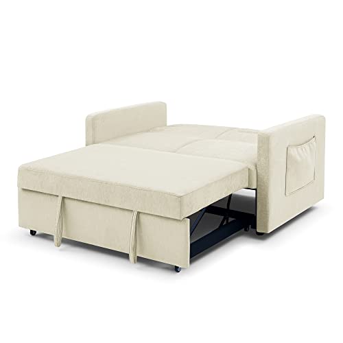 Biadnbz Modern Convertible Sleeper Sofa With Pull-Out Bed，Adjsutable Back And Two Arm Pocket，2-Seat Upholstered Loveseats For Living Room Apartment Office, Beige #TOP5