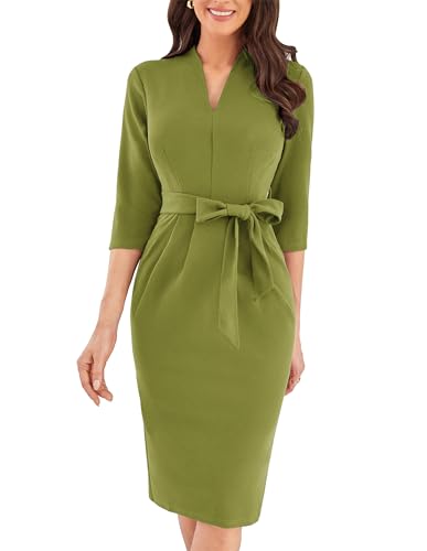 GRACE KARIN Vestido de cóctel para mujer, manga 3/4, elegante, vestido midi ajustado con bolsillos, cuello en V, vestido de tubo ajustado con cinturón, vestidos de invitados de boda, vestido diario,