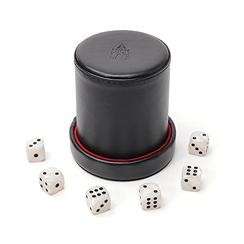 Luck Lab Black Leather Dice Cup With Lid Including 6 Matching Pearl Dice - Red Velvet Interior For Quiet Shaking - Use For Liars Dice Farkle Yahtzee Board Games, Black #TOP6