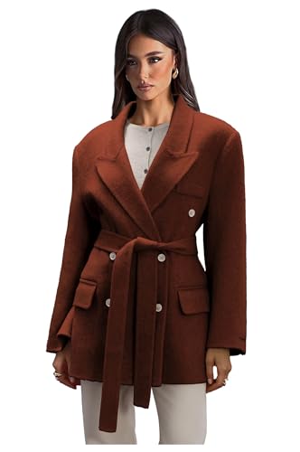 Image of LEWIJO Coat Women Winter Regular Fit Fleece Womens PeaCoat with Belt Burnt Orange Wool Double Breasted Peacoat Womens Overcoat Size XL-Large