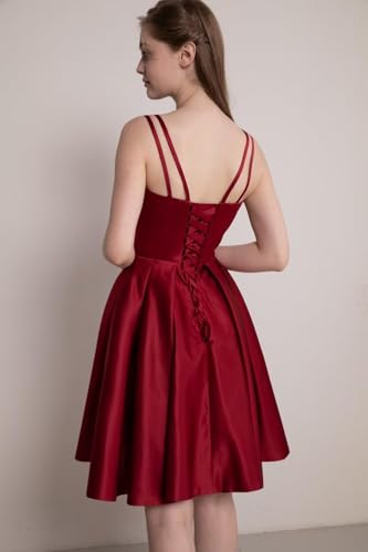 Satin Homecoming Dresses for Teens 2025 Spaghetti Straps A-line Square Neck Short Prom Dresses with Pockets3