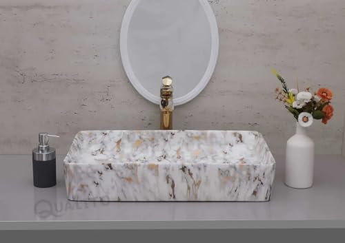 Image of QUALITO Designer Table Top Wash Basin for Bathroom, Living Room, Hall, Dinning Room | Big Size Ceramic Vessel Sink /Basin | Glossy Finish Marble Vanity Basin (24x14x5 Inch, Luxury)