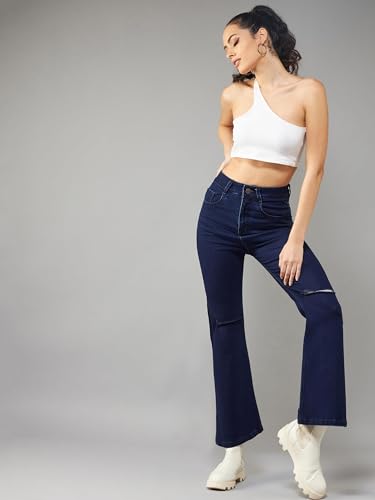 Image of Dolce Crudo Women's Navy Blue Bootcut High Rise Regular Stretchable Denim Jeans