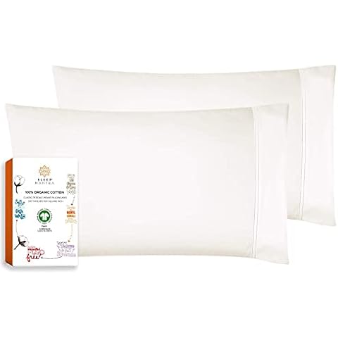 Organic Cotton Pillow Cases - Ivory Standard Pillowcase Set of 2, Pure Natural 100% Cotton Pillows for Sleeping, Soft Sateen Weave GOTS Certified Bed Pillow Covers Cover