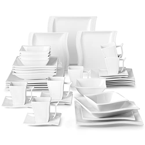 Malacasa Ivory White Dinnerware Sets, 36-Piece Square Dishes Set Microwave Safe, Porcelain Dinner Set With Plates And Bowls Set, Cups And Saucers, Cereal Bowls, Service For 6, Series Flora #TOP14