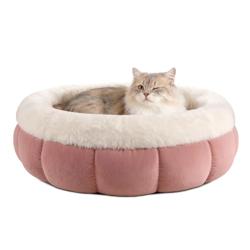 EDMIENS Katzenbett Klein, Katzenbett Flauschig Waschbar, Katzen Bett Indoor, Katzenkissen Rosa, Rund Katzenkörbchen mit Rutschfester Basis, Katzenschlafplatz für Katzen, Kleine Hunde, 45x45x16.5cm