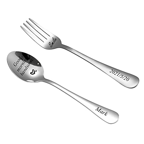 XIYIPIAN Ensemble de Fourchettes à Cuillère Personnalisées, Couverts en Acier Inoxydable, Fourchette à Cuillère gGravée pour le Dîner de Gâteau d'anniversaire, Poli Miroir, Passe au Lave-Vaisselle Cover