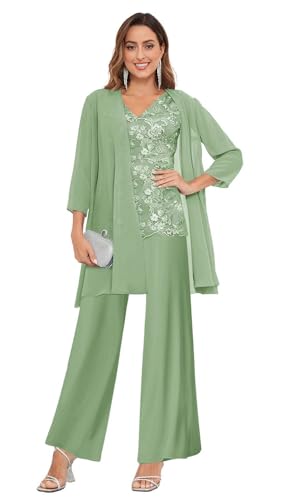 3 Pieces Mother of The Bride Pant Suits for Wedding Lace Chiffon Formal Evening Gowns with Jacket3