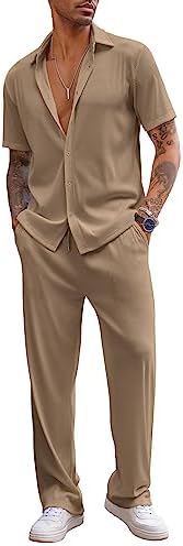 COOFANDY Men's 2 Piece Outfit Casual Short Sleeve Button Down Shirt Beach Summer Loose Pant Sets