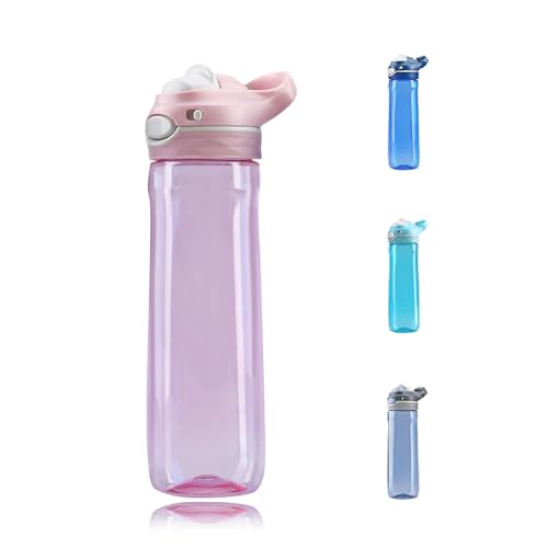 DEARART 750ml botella de agua BPA GRATIS, 100% tapa de Lockle a prueba de fugas, una mano, adecuado para deportes al aire libre, trabajo, oficina, viajes, botellas claras rosadas