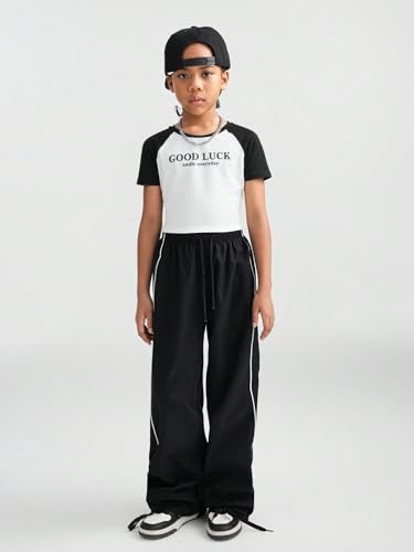 QJQ Girls Wide Leg Elastic High Waisted Parachute Pants Sweatpants Track Pants Trousers Casual Streetwear Ages 8-122