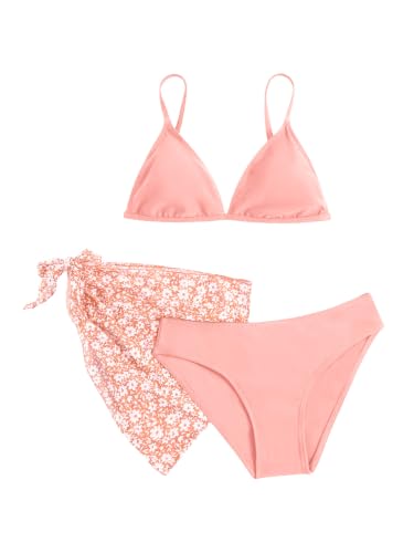 Image of SHENHE Girl's 3 Piece Swimsuits Cute Spaghetti Strap Triangle Bikini with Ditsy Floral Cover Up Teen Bathing Suits