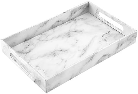 Luxspire Valet Tray with Handles, 15"Large PU Decorative Ottoman Serving Tray, Coffee Table Tray, Catchall Tray Countertop Storage, Modern Bathroom Tray for Jewelry Key Cologne Organizer, Marble White