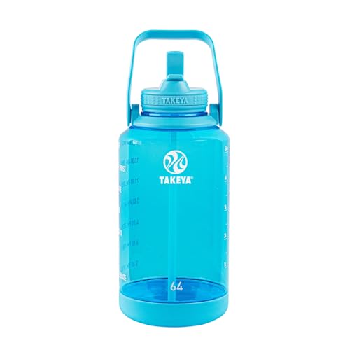 Takeya Tritan 64 oz Motivational Water Bottle with Straw Lid - Durable, BPA-Free - With Time Marker - Leakproof & Non-Slip Bumper - Breezy Blue