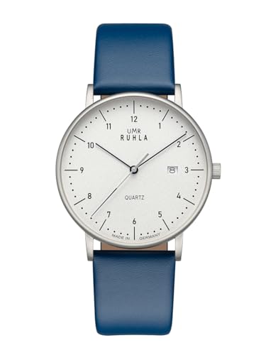 UMR RUHLA 30431 bl - Eleganz trifft Präzision – Stilvolle Armbanduhr mit 705 Quarzwerk - Edelstahlgehäuse - weißes Zifferblatt - Mineralglas - blaues Lederarmband - Made in Germany