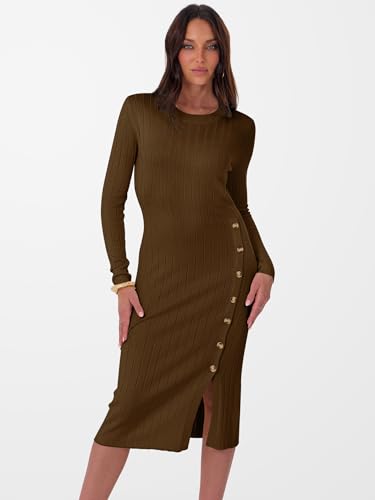 ANRABESS Womens 2025 Fall Long Sleeve Midi Dress Ribbed Knit Bodycon Fitted Button Down Wedding Guest Slit Sweater Dresses
