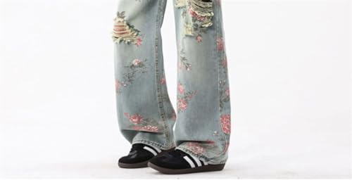 Men's American Ripped Jeans Floral Design Sense Beggar Straight-Leg Slim Wide-Leg Pants2