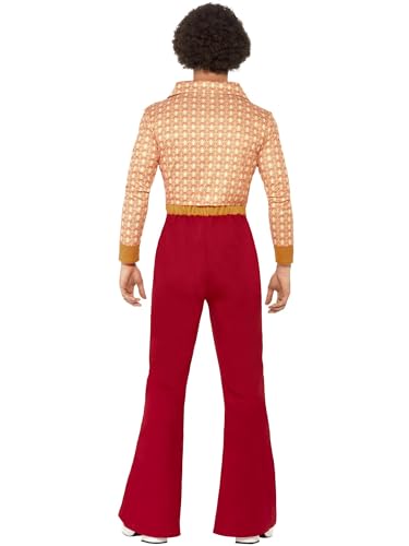 Smiffys Authentic 70s Guy Costume, Red with Top and High Waisted Trousers, 1970's Disco Fancy Dress, 1970s Dress Up Costumes