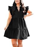 Fisoew Plus Size Dresses for Women Summer Ruffle Short Sleeve V Neck Dress Tiered Swing A Line Babydoll Mini Dress Black